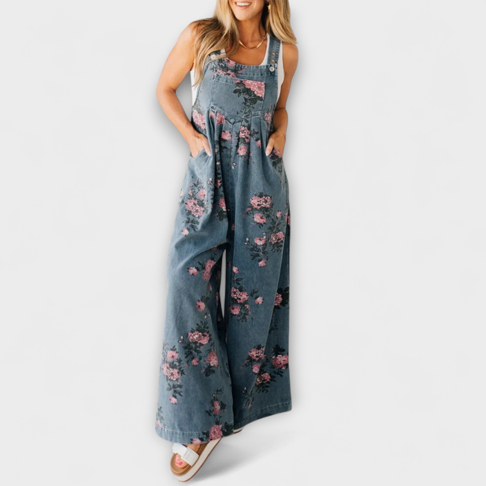 Bethany - Salopetă din Denim cu Motiv Floral