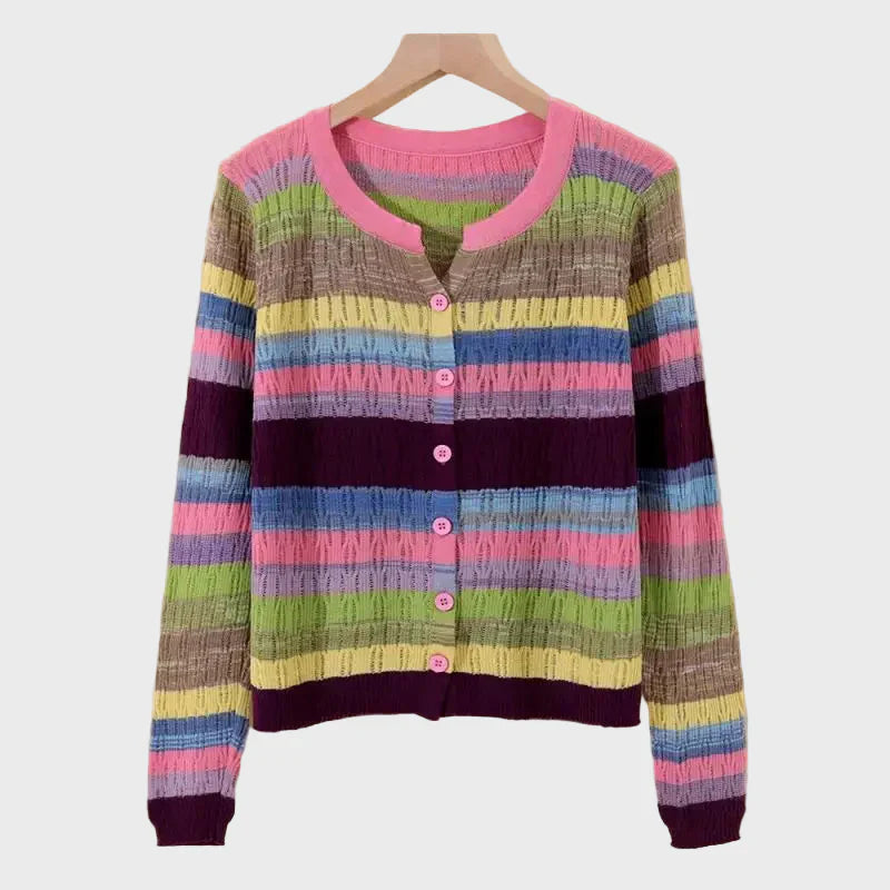 Cardigan Tricotat cu Design în Dungi Inspirat de Stilul Retro
