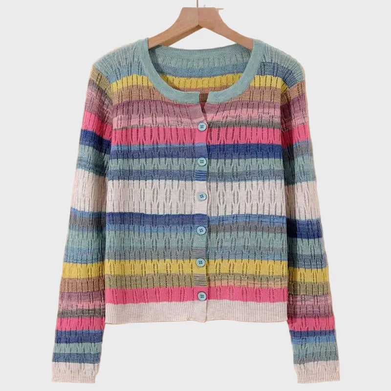 Cardigan Tricotat cu Design în Dungi Inspirat de Stilul Retro