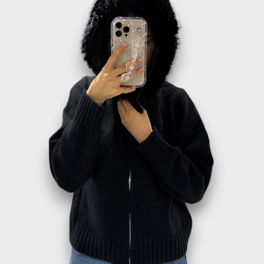 Alisanne – Jachetă din tricot cu fermoar și guler din blană artificială