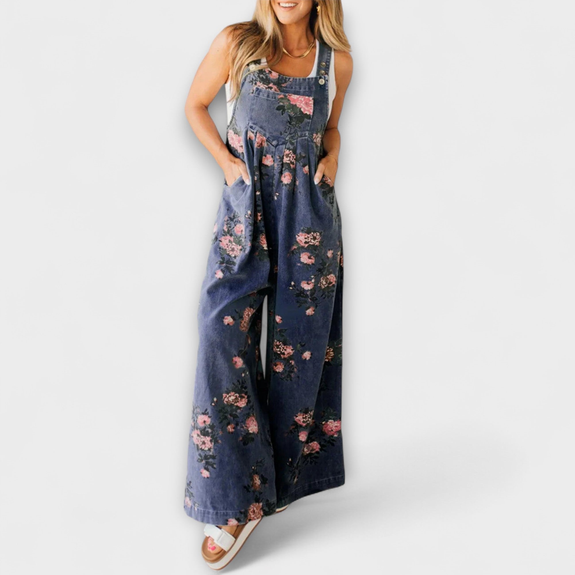 Bethany - Salopetă din Denim cu Motiv Floral